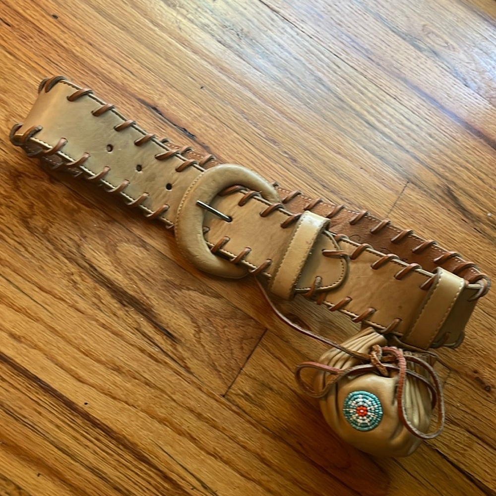 Catherine Dial Easley vintage leather belt with removable beaded pouch Small